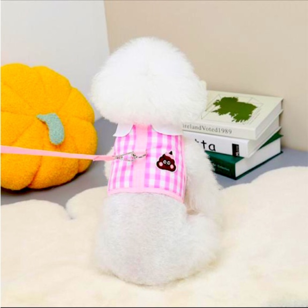 Pink Gingham Dog Harness and Leash Set Poop Emoji Patch Grooming 6-8 kg.
